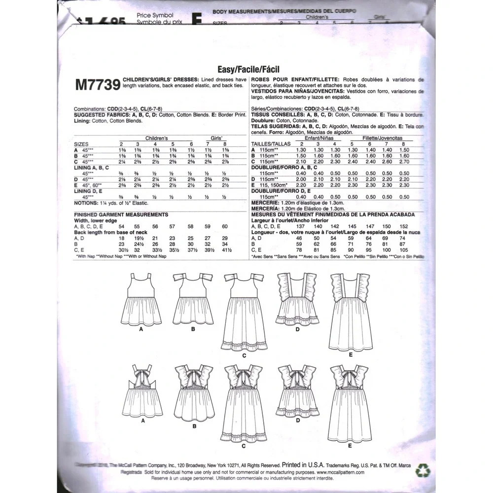 McCall's M7739 Childrens Girls Lined Dress Sewing Pattern Size CL 6 7 8 Easy